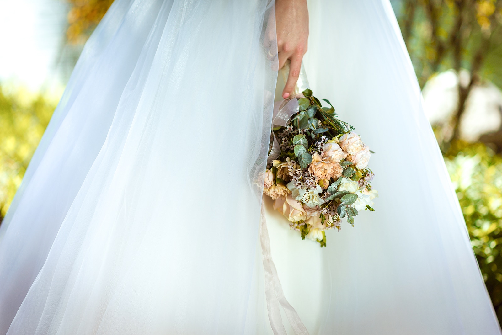 The Bride Holds A Wedding Bouquet From Roses In Her Hands, Weddi