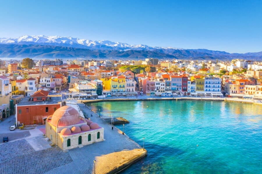 Aerial,View,Of,Chania,With,The,Amazing,Lighthouse,,Mosque,,Venetian